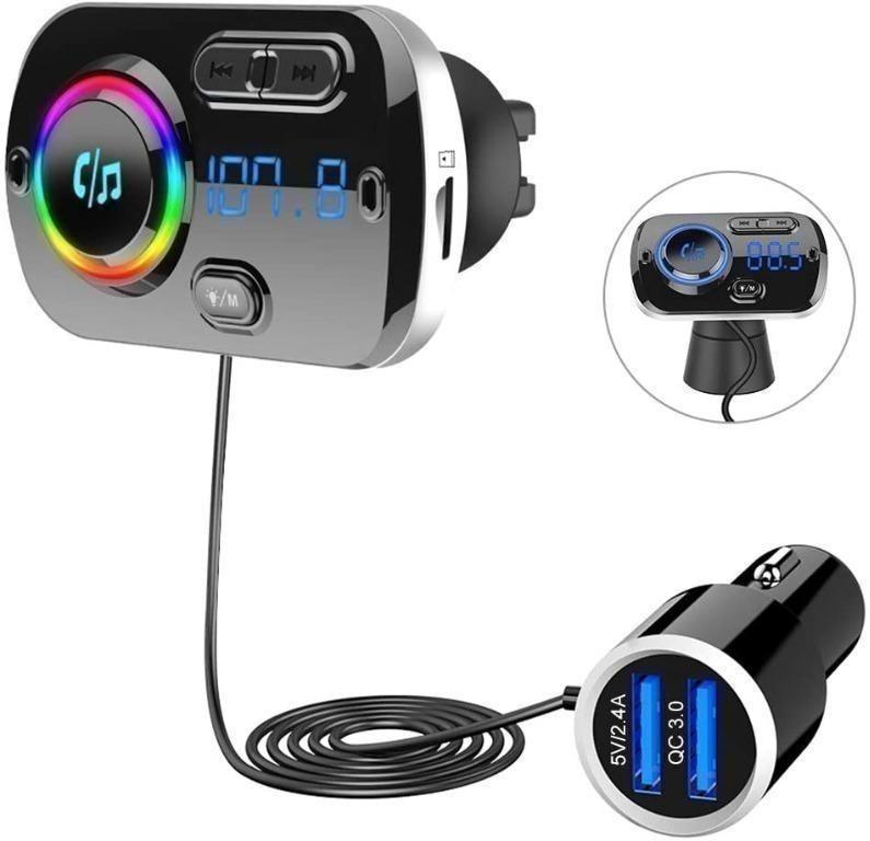 Bluetooth V5.0,QC3.0 Bluetooth Car Adapter with LED Backlit USB Flash Drive Support Siri Google Assistant Weback Bluetooth FM Transmitter for Car Handsfree Car Kit-Silver 