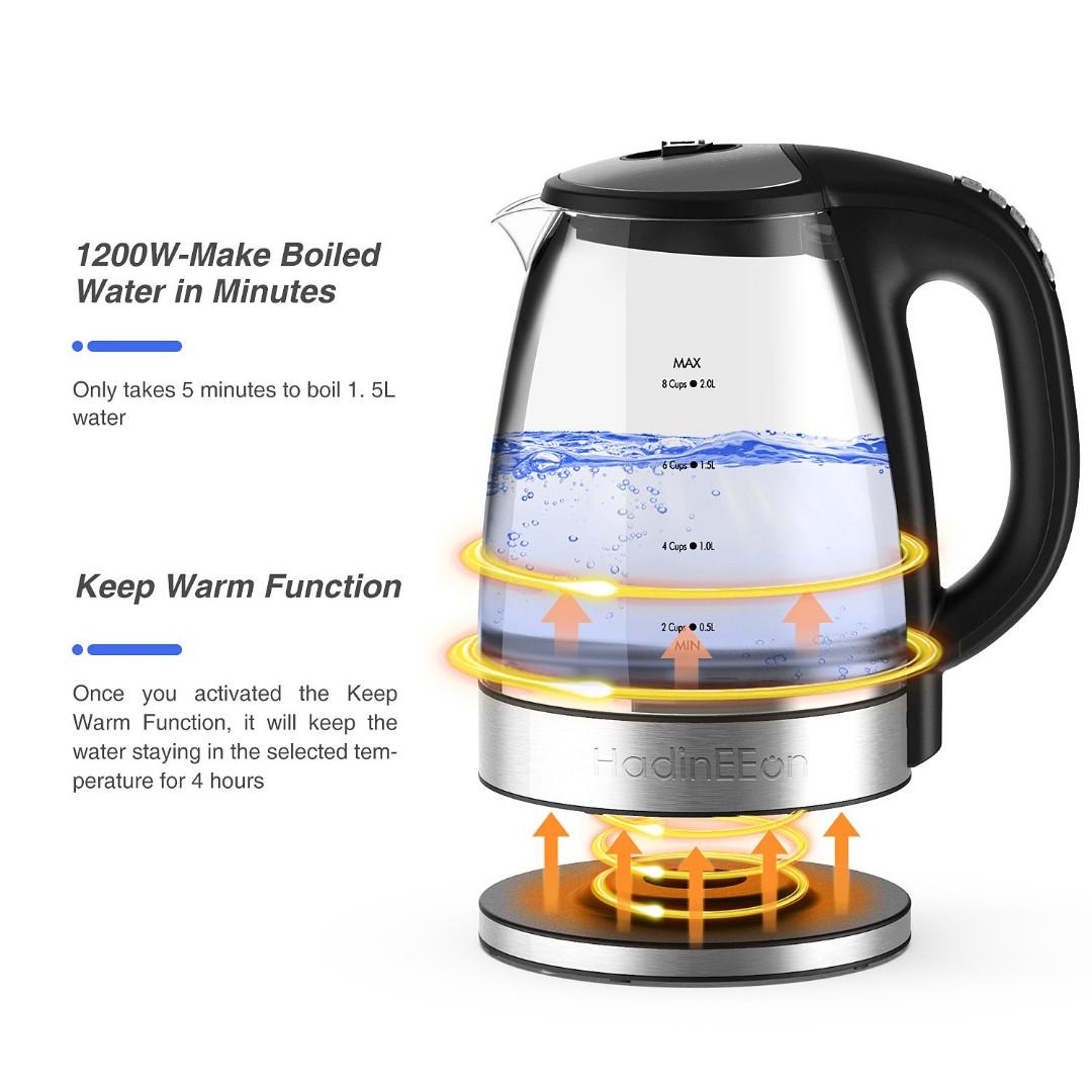 Variable Temperature Electric Kettle, 1200W Electric Tea Kettle, 8 Big Cups  2.0L Glass Electric Kettle with 4Hrs Keep Warm Funct