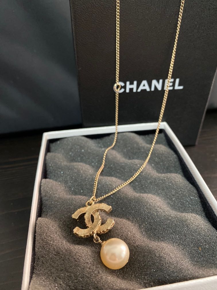 CHANEL Chain CC Pearl Drop Necklace Gold 175734