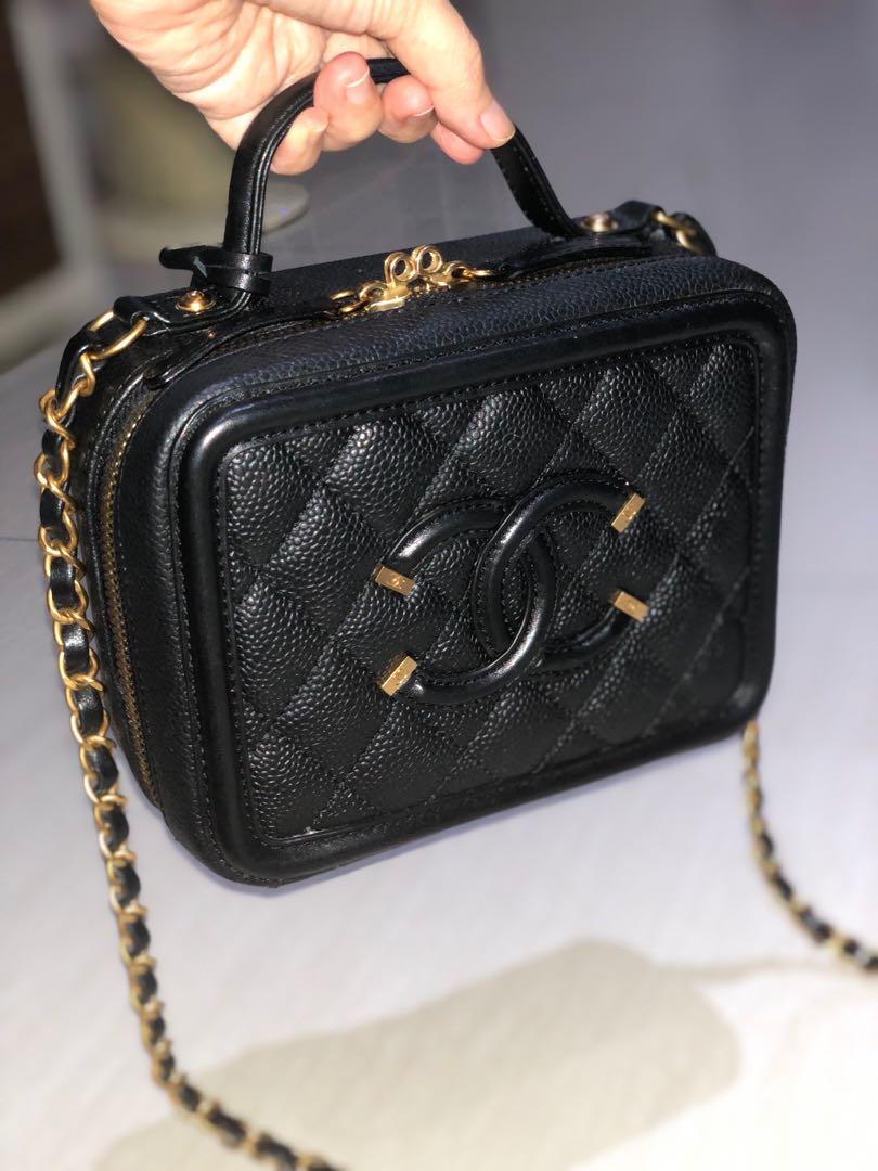 Chanel  2018 Tan  Black Caviar Filigree Vanity Case Small Bag  VSP  Consignment