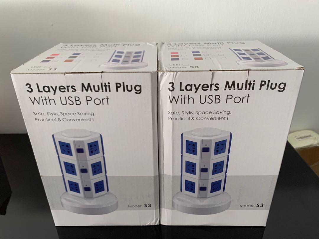 Multi plug extension (Category: Cables & Adaptors) located in Singapore. Submitted by smallbear88 (Listing ID 1106184947, Image 2). Description: Brand new multi plugs tower with 11 universal sockets (able to plug in directly for 2pins plug etc.) and 2 USB points. 3 meter long retractable cable with 3 pin SG power plug adapter. Surge protector for overload.