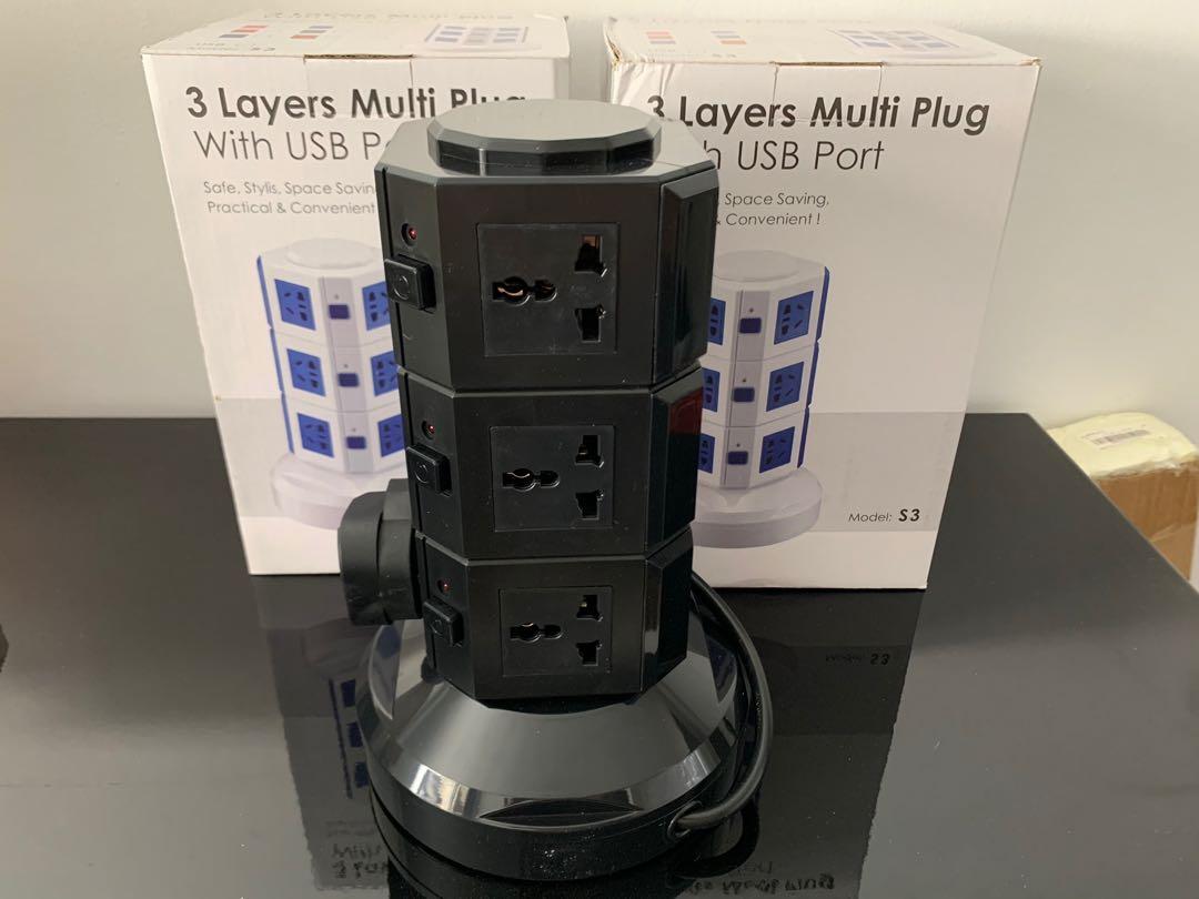 Multi plug extension (Category: Cables & Adaptors) located in Singapore. Submitted by smallbear88 (Listing ID 1106184947, Image 1). Description: Brand new multi plugs tower with 11 universal sockets (able to plug in directly for 2pins plug etc.) and 2 USB points. 3 meter long retractable cable with 3 pin SG power plug adapter. Surge protector for overload.