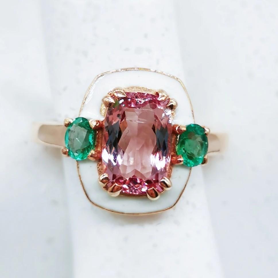 Pink Tourmaline and Emerald Ring Women s Fashion Jewelry