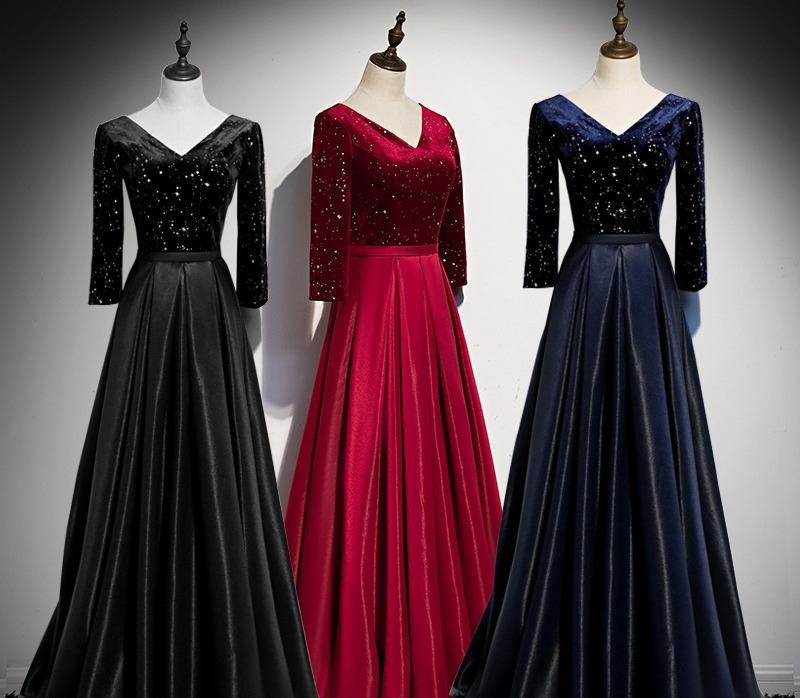 Pre order black red blue glitter star velvet long sleeve evening prom wedding bridal dress gown RBP1656