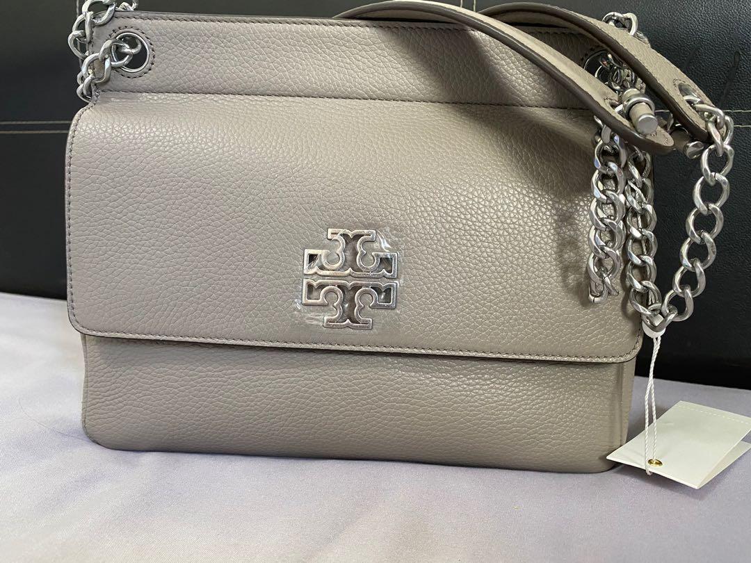 Tory Burch Britten Flap Shoulder Bag Medium Britten Gray in Pebbled Leather  with Silver-tone - US