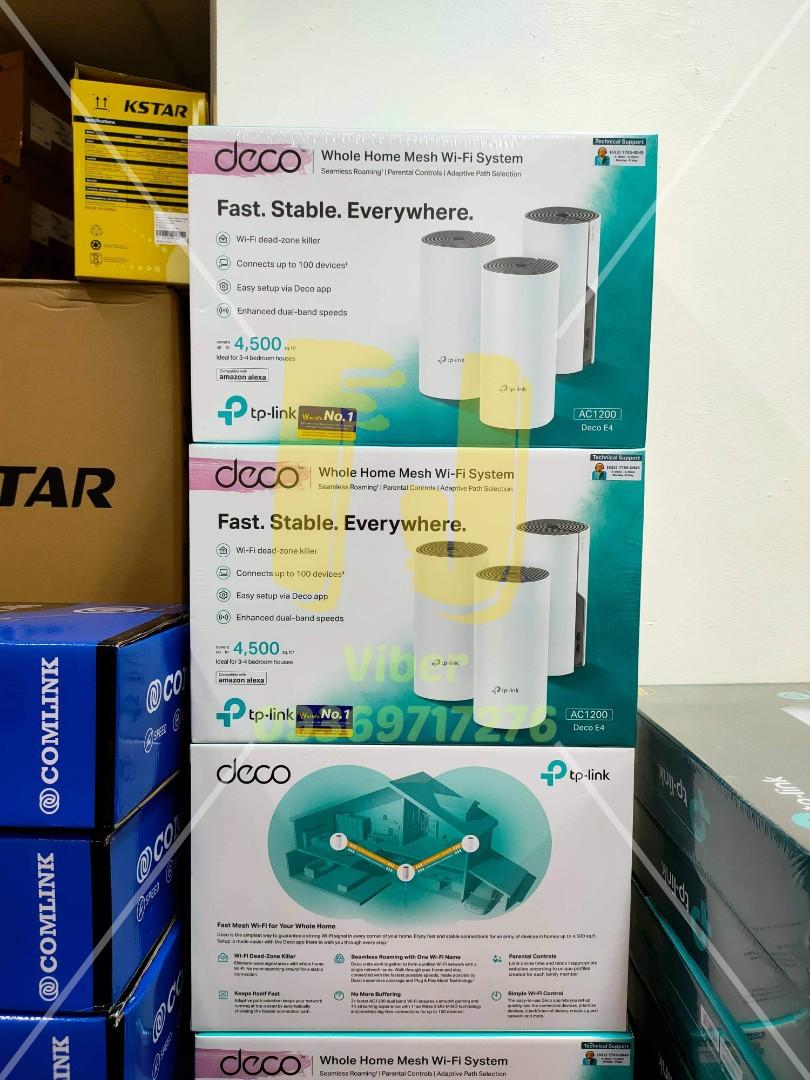 TP-Link Deco E4 AC1200 Mesh WIFI System (3pcs in 1 package) | Same day delivery COD (Category: Networking) located in Pasig City. Submitted by fjEgangan (Listing ID 1106167586, Image 1). Description: ❗❗ Brand new and on stock for sale ❗❗ ⭐ TP-Link Deco E4 AC1200 IN 3-PACK ⭐ PRICE: 4950.00 ✅ Connections up to 100 devices ✅ 2.4GHZ (300mbps) & 5GHZ (867mbps) connection ✅ High-speed downloading ✅ No more buffering ✅ 802.11 ac wireless technology ✅ WI