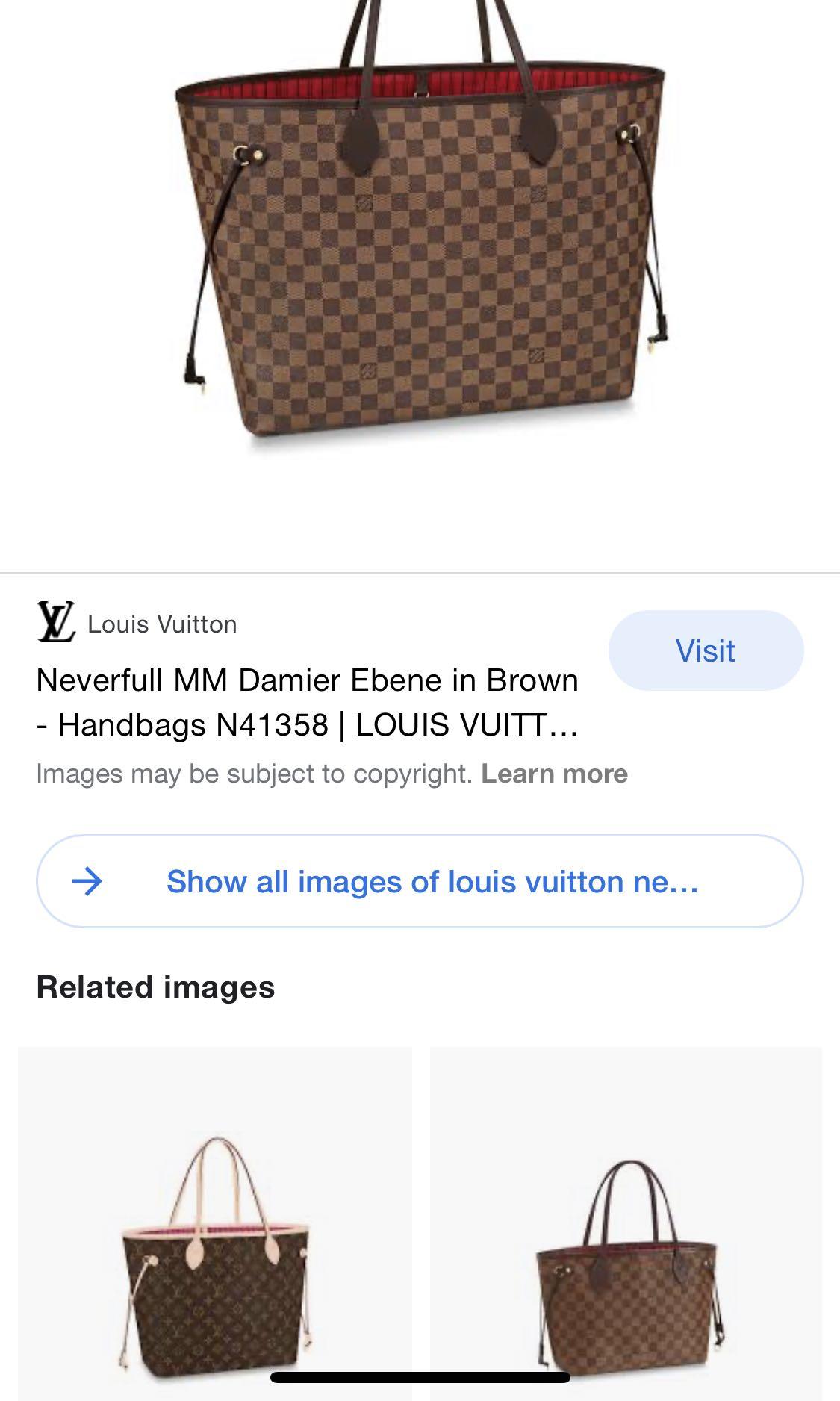 Authentic Louis Vuitton Damier Ebene Canvas NeverFull GM HandBag (Category: Luxury Bags & Wallets) located in Quezon City. Submitted by liz.ty (Listing ID 1111025594, Image 2). Description: Detailed Features 39 x 32 x 19 cm (Length x height x width ) Cerise Red Damier Ebene coated canvas Natural cowhide-leather trim Striped textile lining Gold-color hardware 4 side laces Hook closure Flat, textile-lined zipped inside pocket Removable zipped pouch
