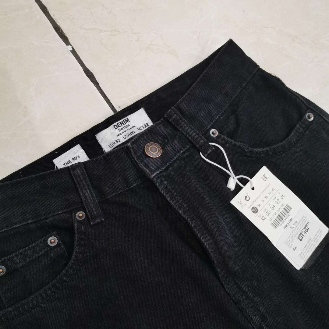 bershka 90's baggy jeans ripped knee wide leg highwaisted denim black  cullote, Fesyen Wanita, Pakaian Wanita, Bawahan di Carousell