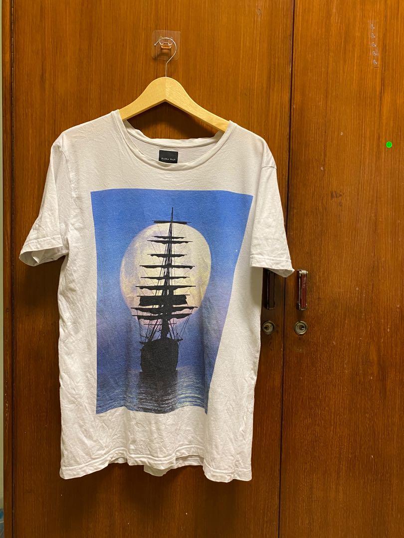 Kaos Zara Blue Printed Pattern, Fesyen 