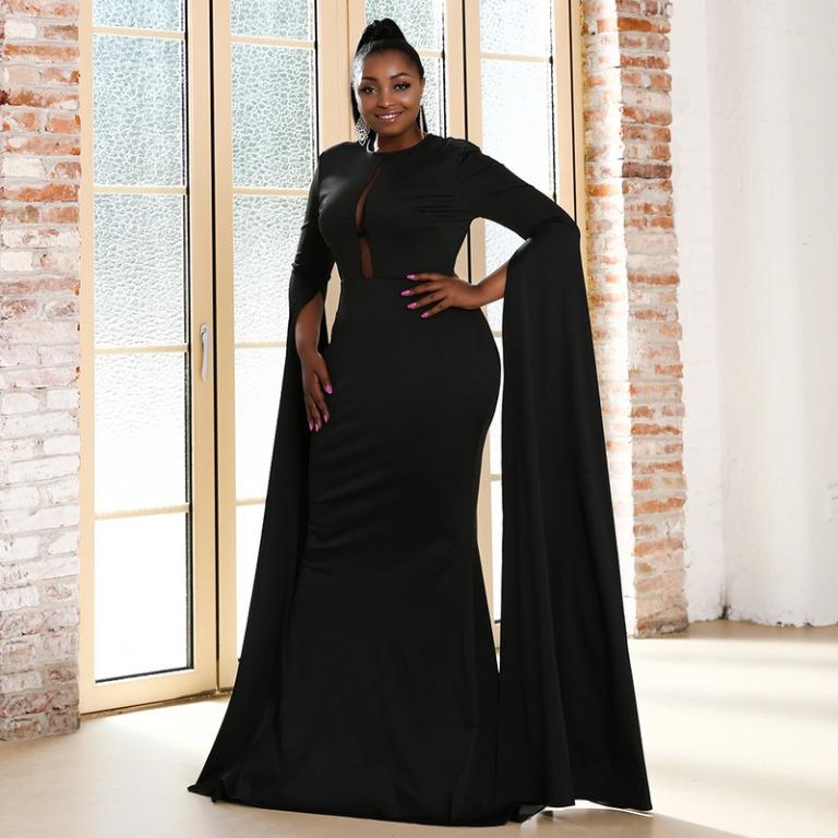 Pre order black white red long sleeve fishtail cape bodycon