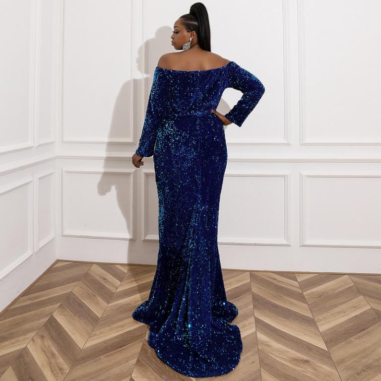 Pre order blue off shoulder bodycon long sleeve sequin wedding