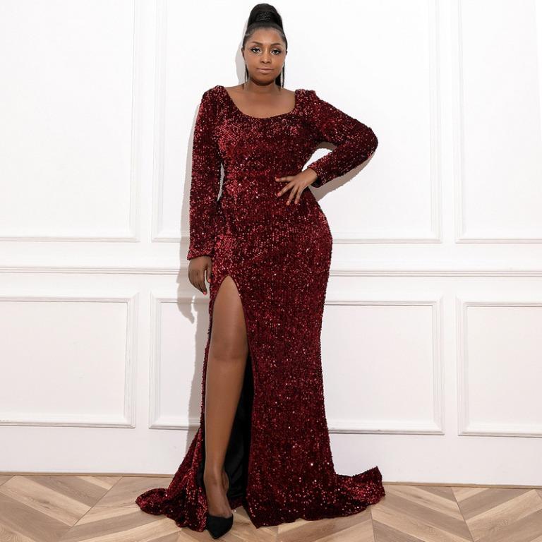 Pre order red slit bodycon long sleeve sequin wedding bridal