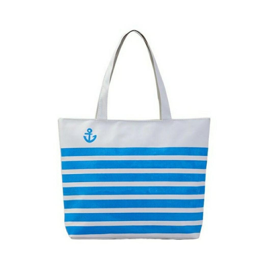 Tas Kanvas Besar Totebag Bag Jangkar Biru Anchor Garis Putih Blue White Belanja Resleting Kantong Kecil