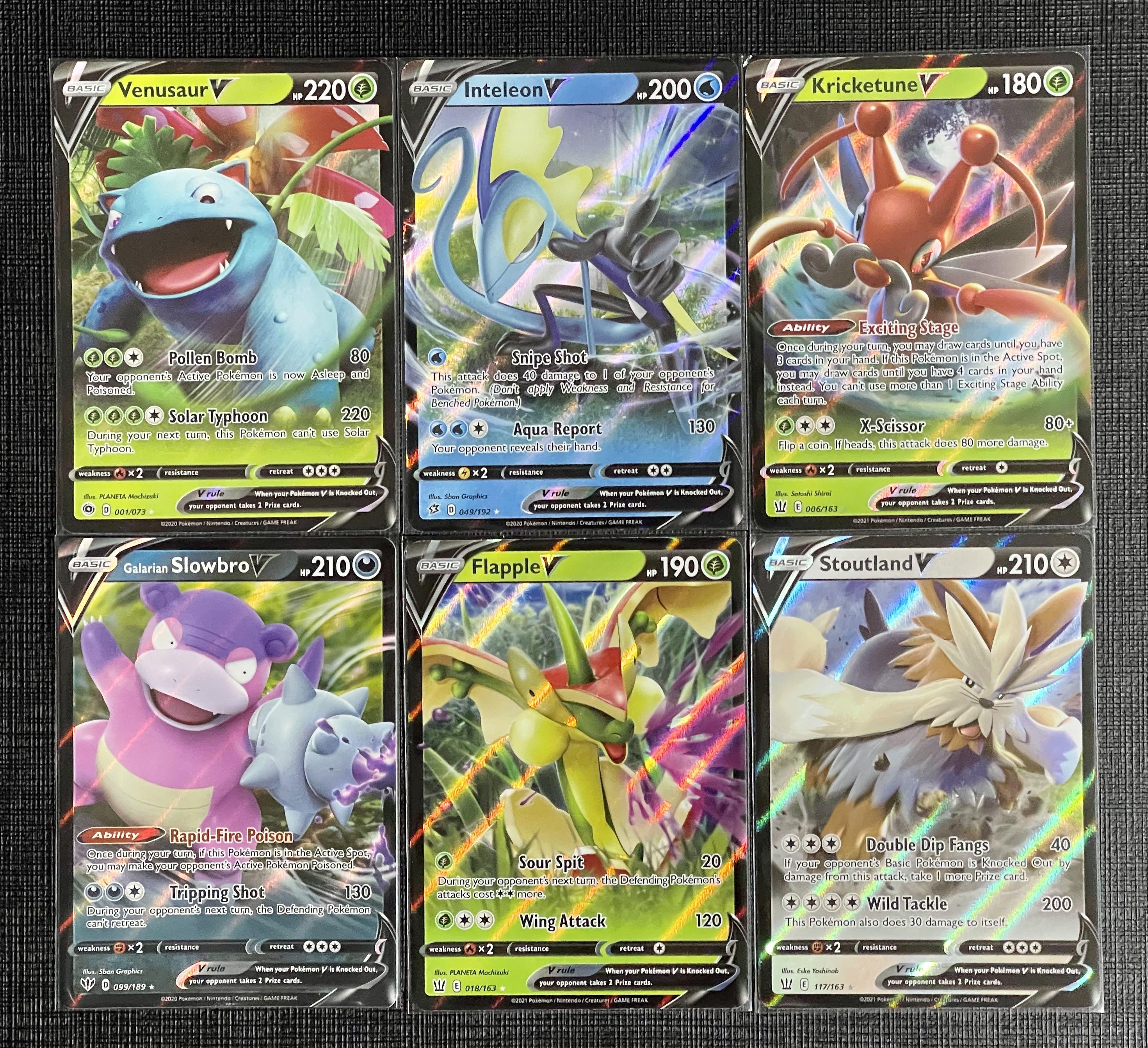 Venusaur V 001/073 Inteleon V 049/192 Kricketune V 006/163 Galarian Slowbro  V 099/189 Flapple V 018/163 Stoutland V 117/163 champion path battle styles  style darkness ablaze rebel clash pokemon card tcg cards,