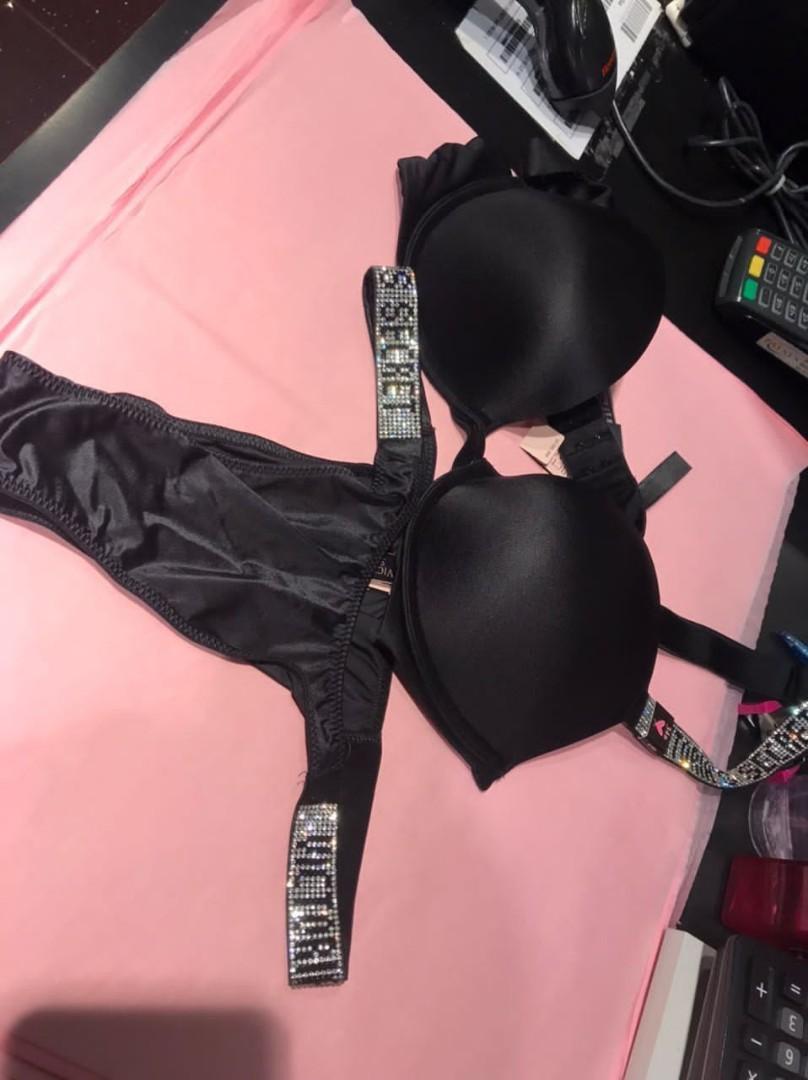 Victoria's Secret Shine Strap SEXY Rhinestone Push-Up Bra Crotchless Set  Black 