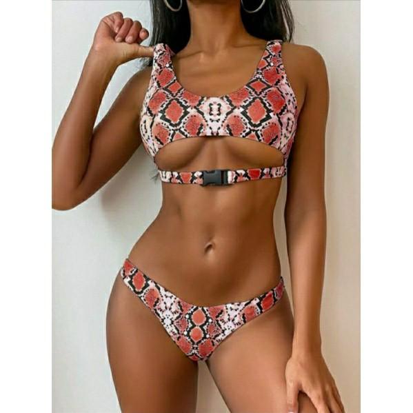 ZAFUL Snakeskin Animal Print Buckle Bikini Set Women s Fashion