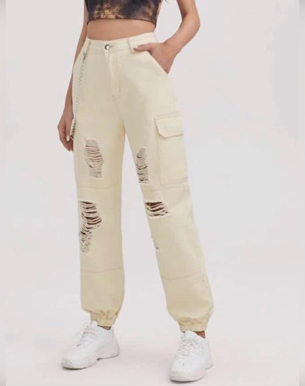 White ripped cargo top pants