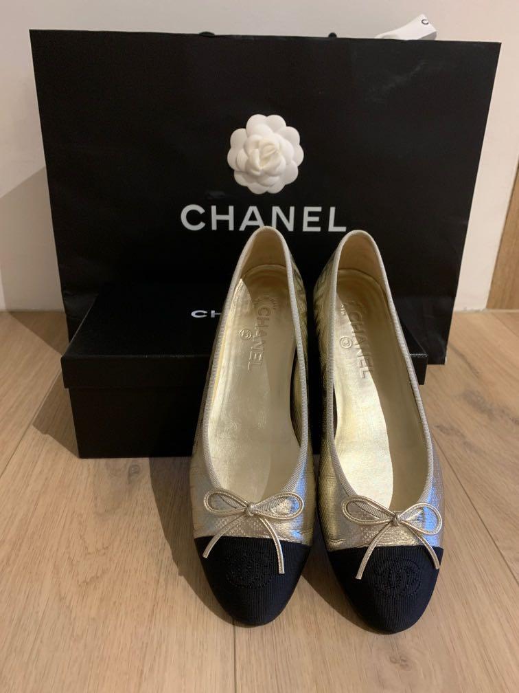 Quick sale Authentic Chanel Ballet Flats Gold Black Sz 39.5