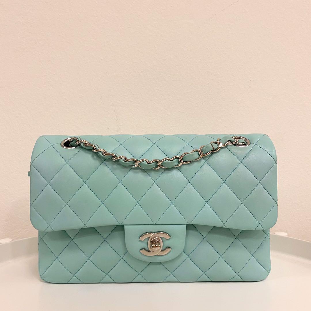 Authentic Chanel Classic flap Small Tiffany Blue bag in Lambskin and Silver Hardware
