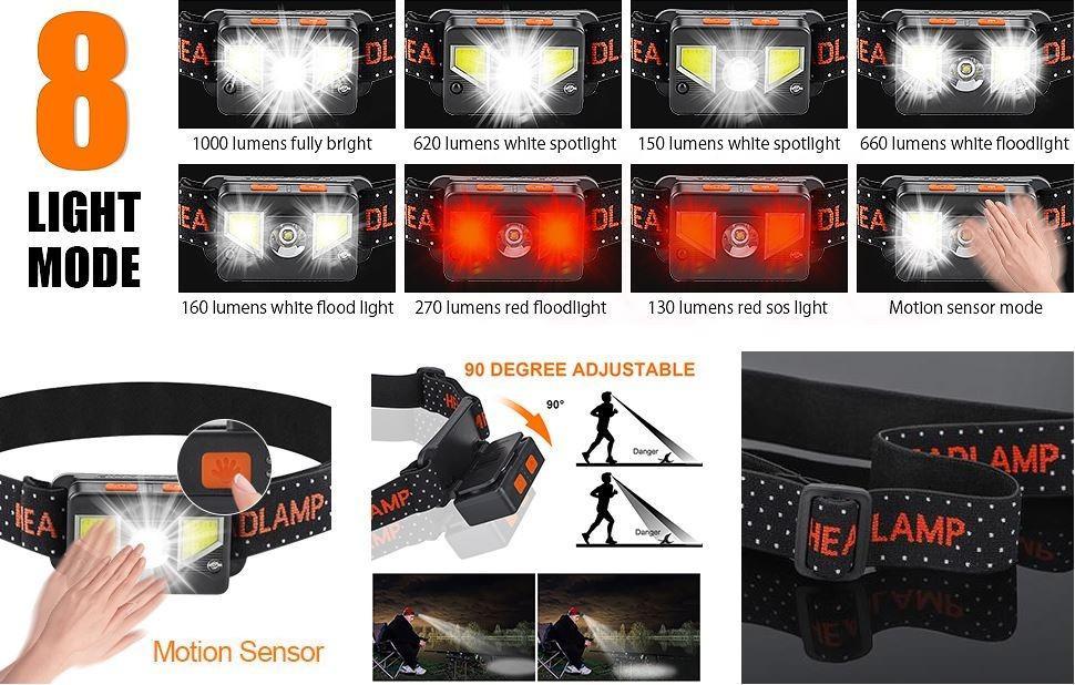bedee LED Head Torch, USB Rechargeable Headlamp, Super Bright 1000 Lumens  COB LED Head Torch Rechargeable, Lighting Modes, IPX5 Waterproof Headlight  for Kids Adults Camping Running Fishing, Sports Equipment, Other Sports