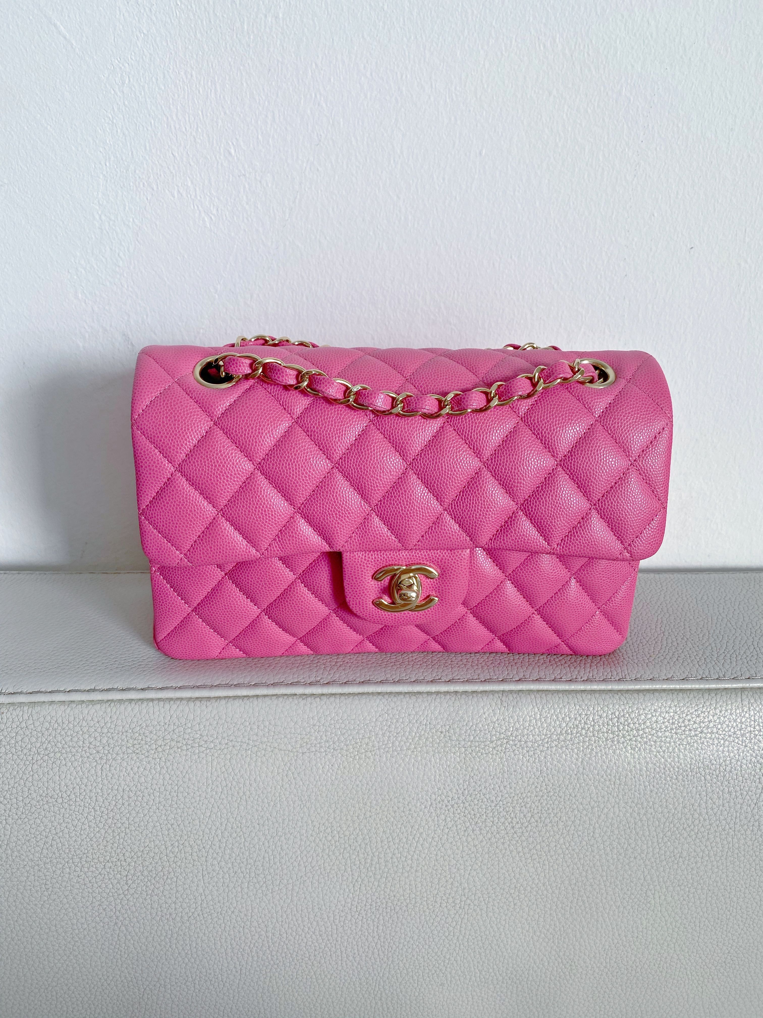 CHANEL Chevron Medium Classic Double Flap Bag in Bubble Gum Pink