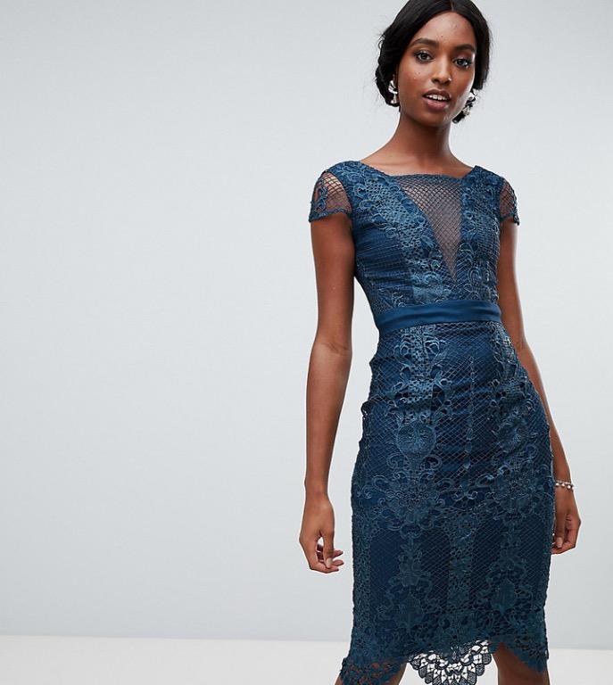 Chi chi london lace pencil dress with v neck in black 2025