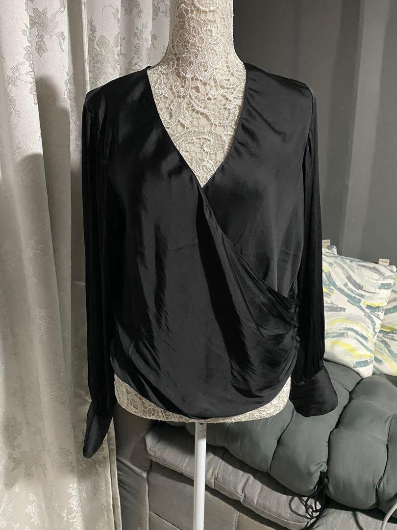 H\u0026M black satin wrap top, Women's 