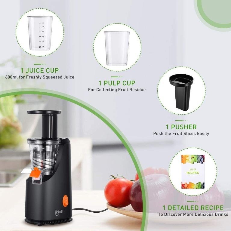Easy to Clean Slow Juicer Simple to Use Fresher Nutrient and Vitamins IKICH Juice Extractor with Maximum Nutritional Value 200W Motor Cold Press Juicer for All Fruits and Vegetable 64 RPM 