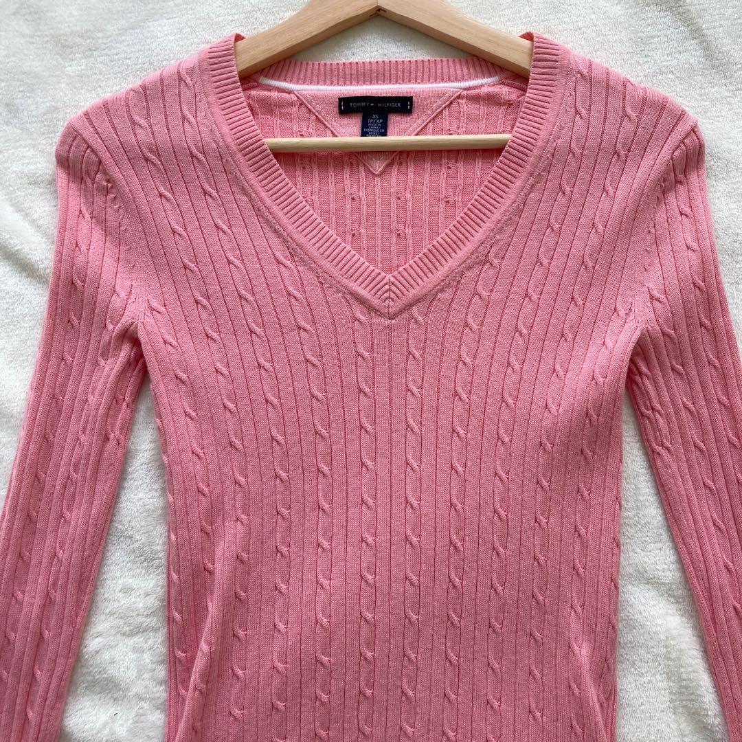 y2k tommy hilfiger pink cable knit v neck sweater top, Women's Fashion,  Tops, Longsleeves on Carousell