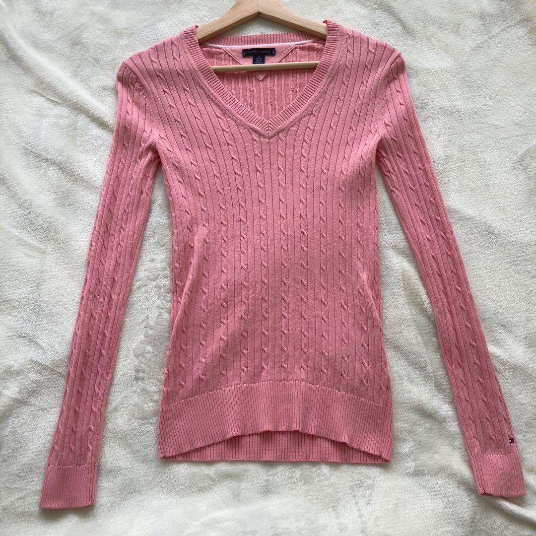 y2k tommy hilfiger pink cable knit v neck sweater top, Women's Fashion,  Tops, Longsleeves on Carousell