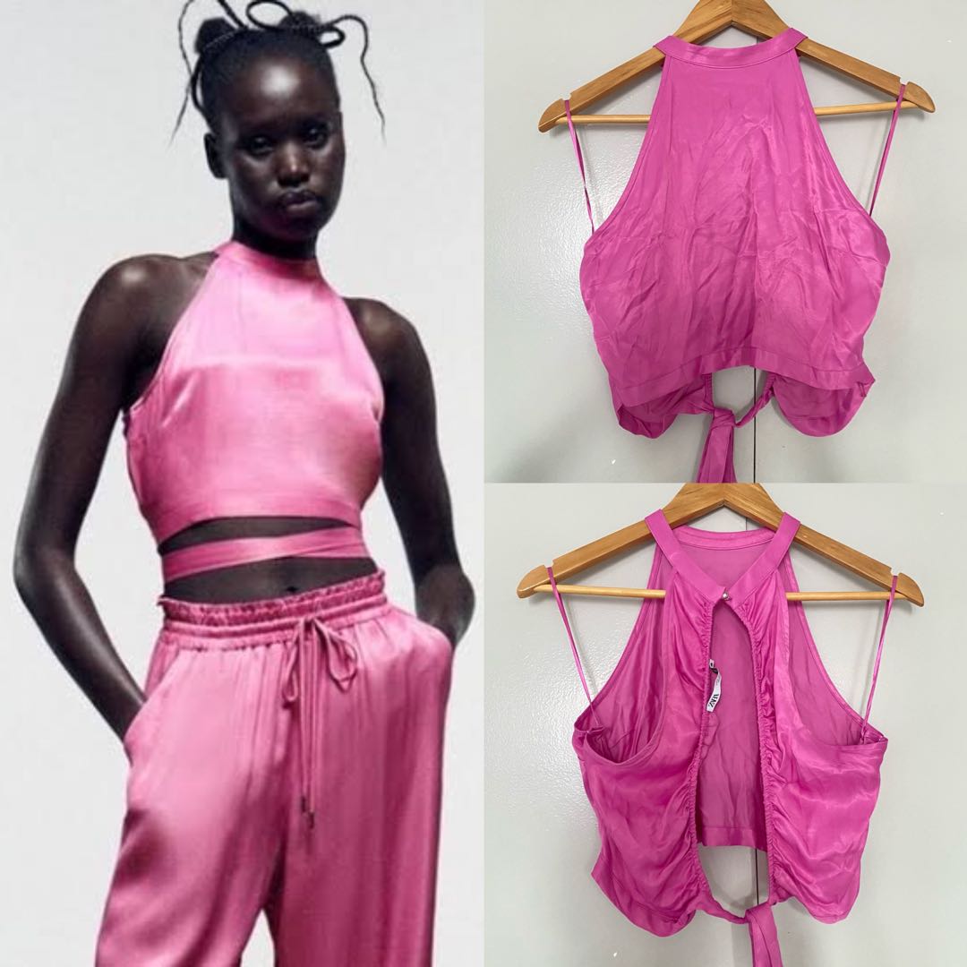 ZARA Satin Pink Fuchsia Halter Neck Tie Crop Top, Women's Fashion, Tops,  Blouses on Carousell