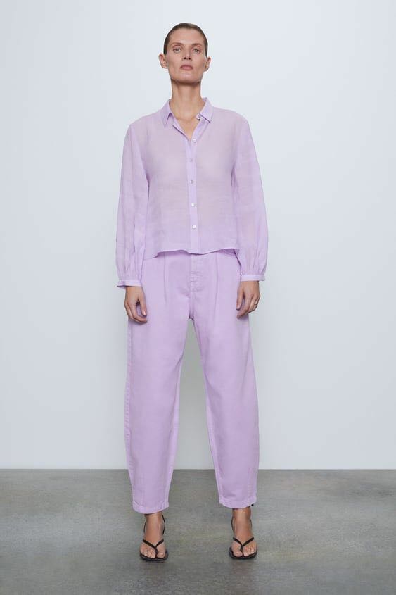 Zara Top Shirt Lilac Button, Fesyen 