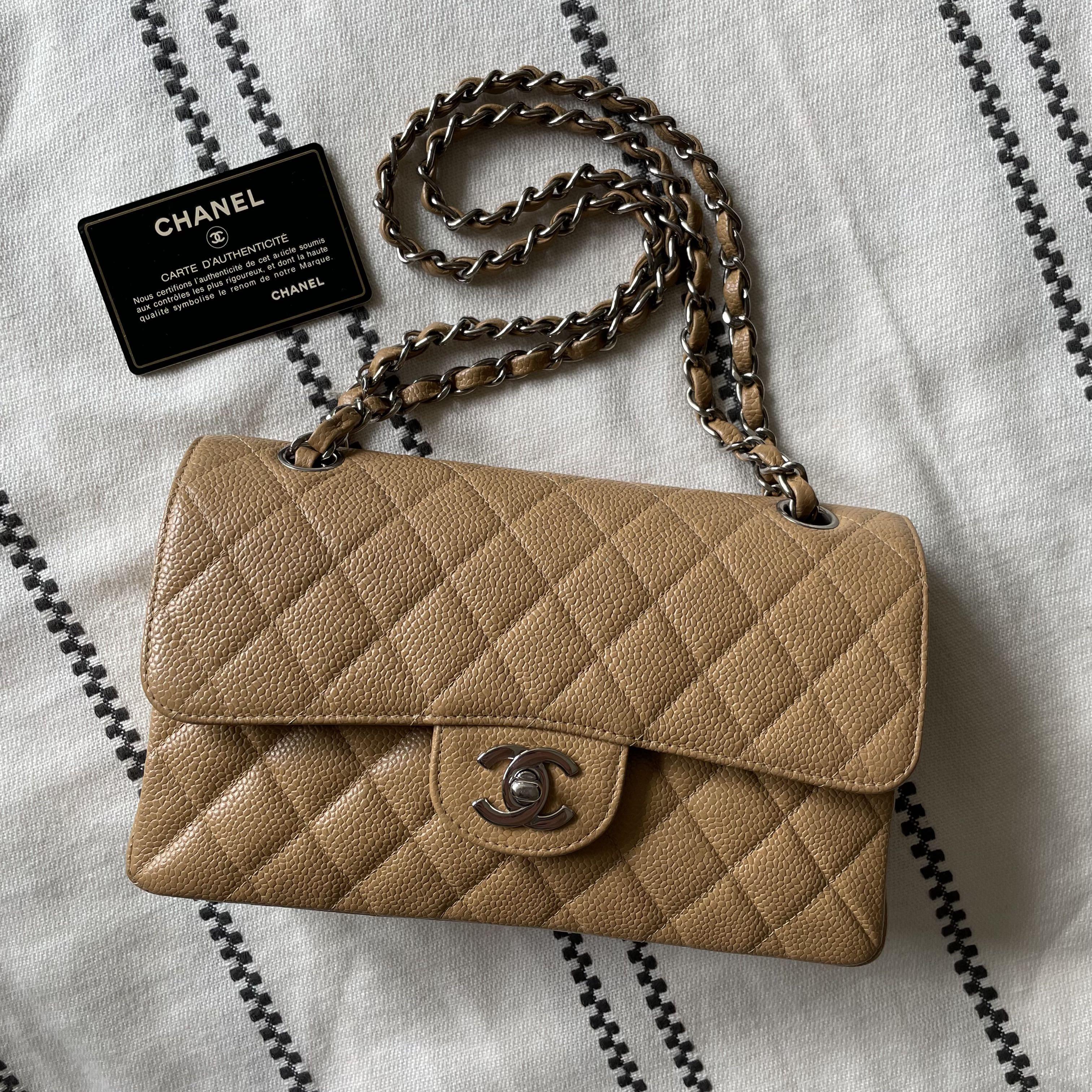 **SOLD**AUTHENTIC CHANEL Dark Beige / Light Caramel Caviar Small 9 Classic  Flap Bag Silver Hardware 💙
