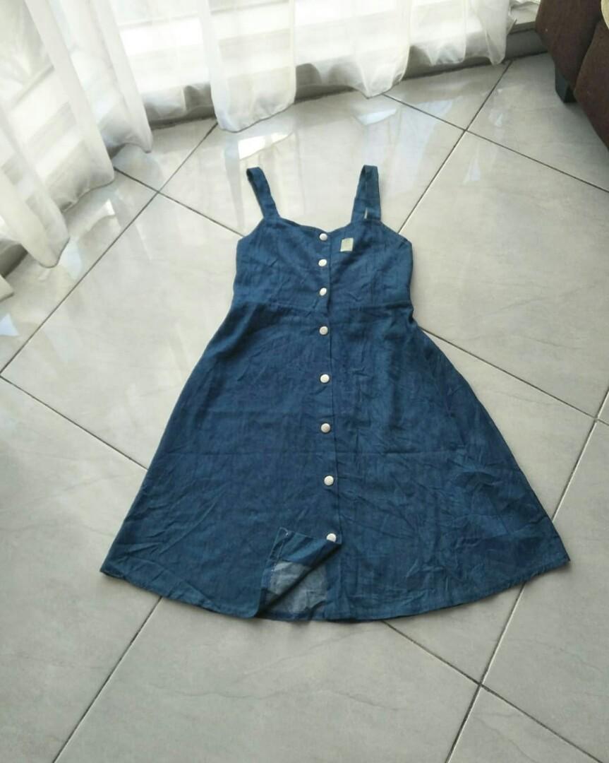 Button up denim dress, Fesyen Wanita 