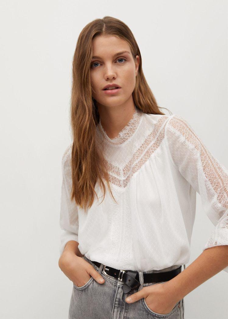 MANGO Lace detail blouse, Fesyen Wanita 