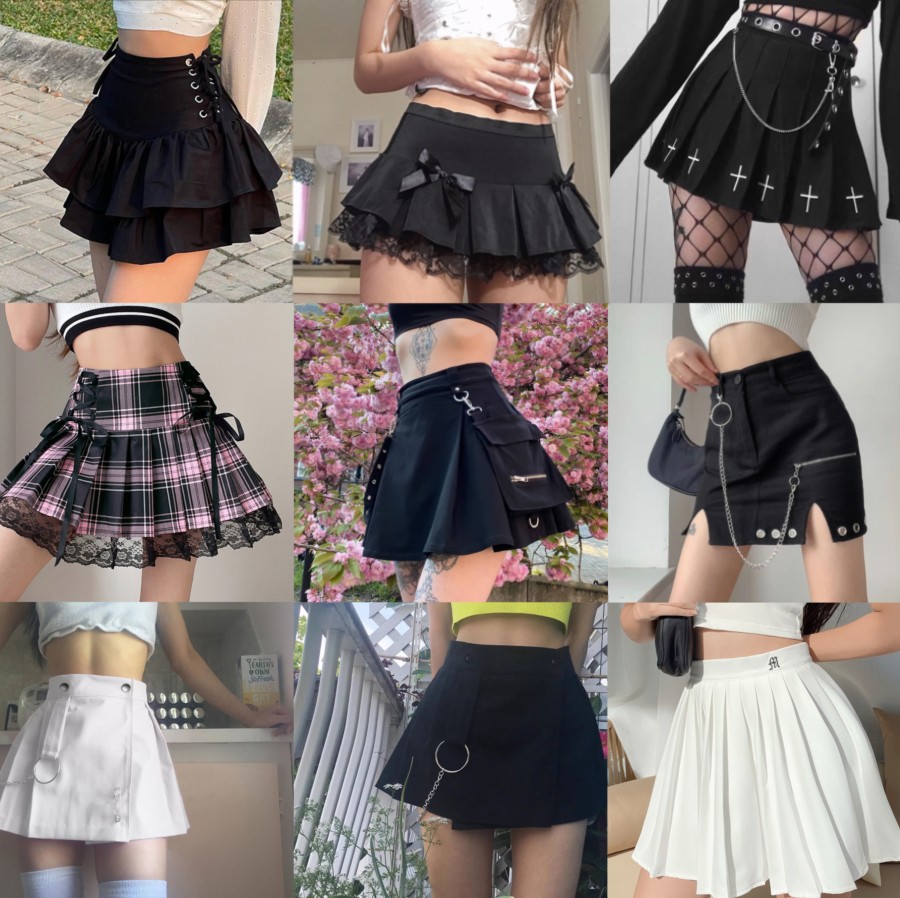 Egirl Black Lolita Pleated Patchwork Flared Mini Skirt
