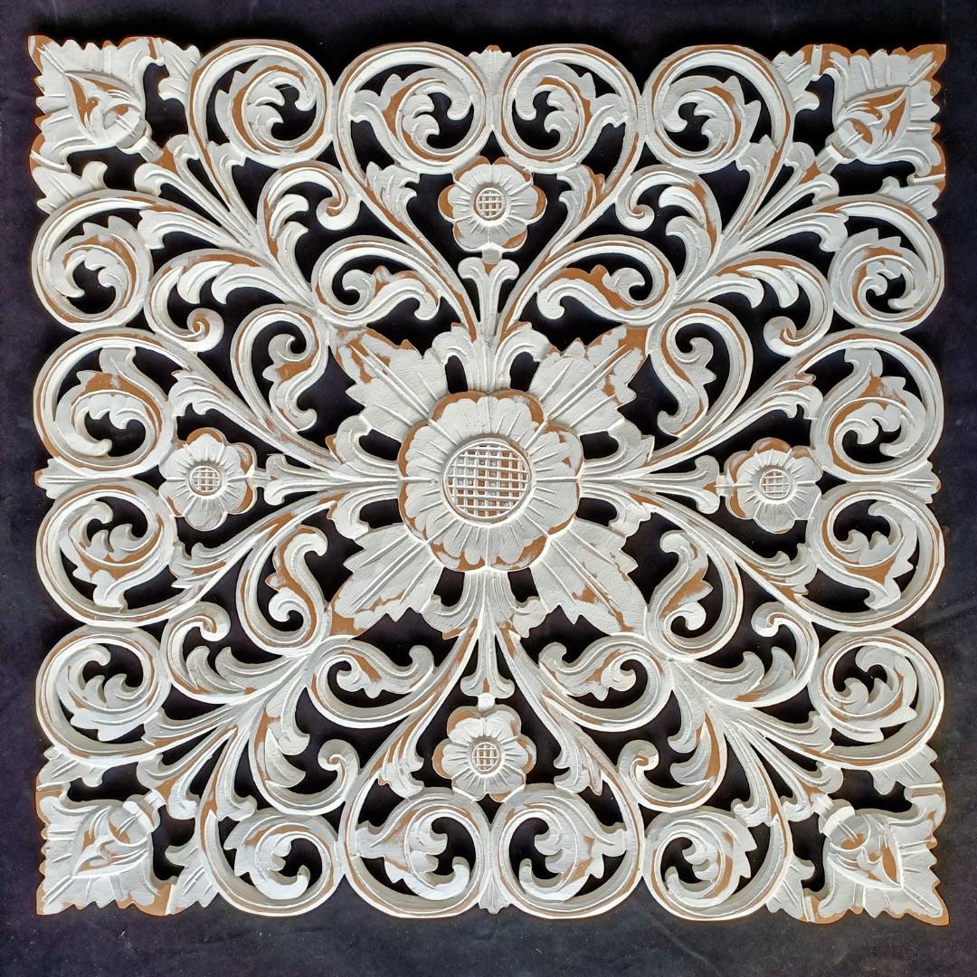 Whitewash wood carving wall art decoration (SQ009W), Furniture & Home