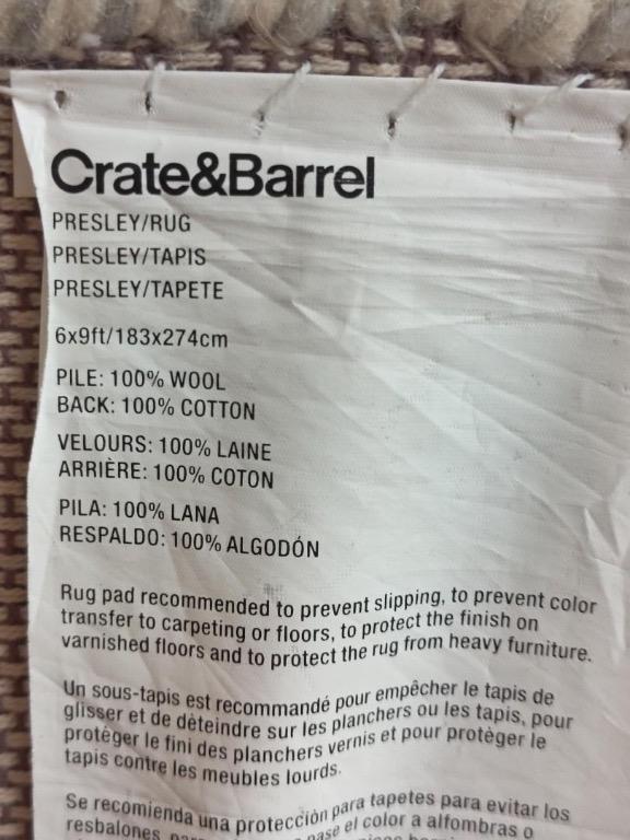 Crate & Barrel Presley Heathered Wool Rug 6’ x 9’, Furniture & Home