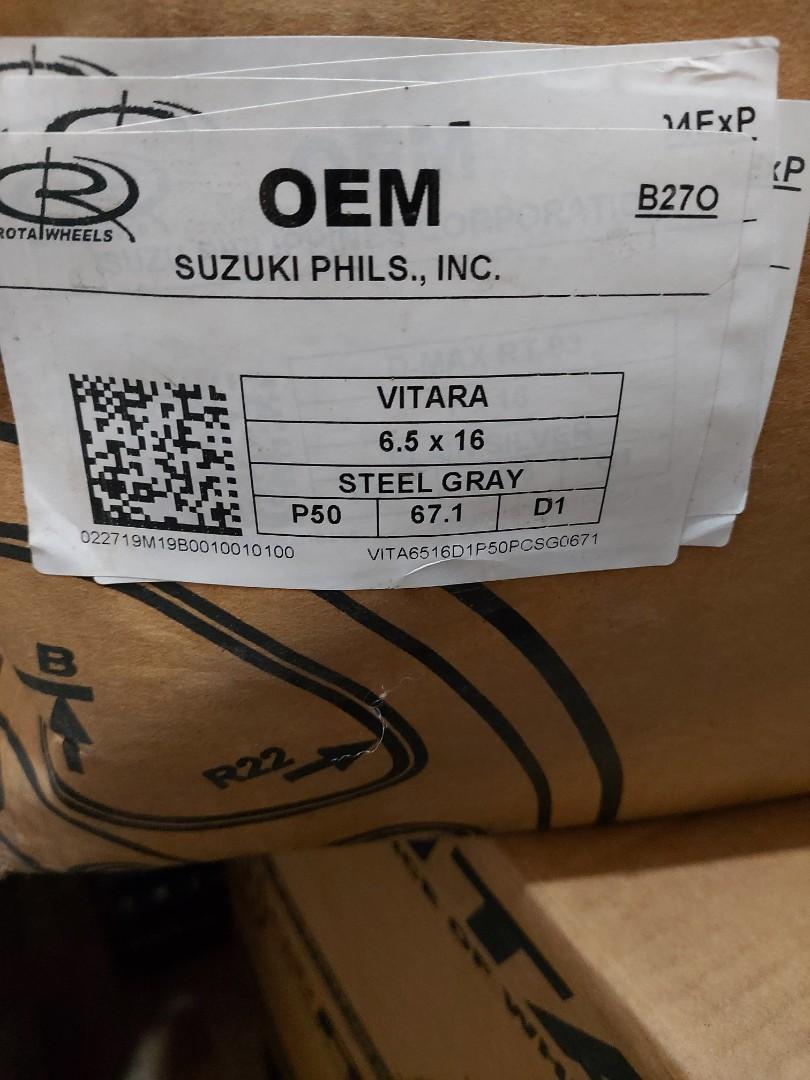 4pcs Original Hub caps and Rims (ROTA) (Category: Mags and Tires) located in Paranaque City. Submitted by gemiyan (Listing ID 1113115452, Image 3). Description: 4pcs steel gray hub caps and black rims. 1 day used only. The Rim Size: 6.5 x 16. The 16 means these are 16-inch steel wheels. The Hubcap Size: factory 16-inch Suzuki.