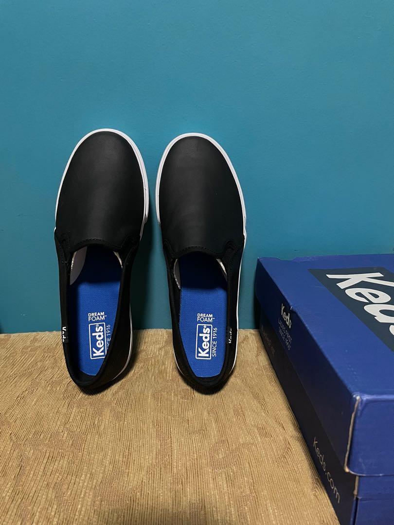 Keds black leather slip ons store