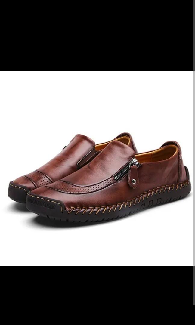 Menico Men Hand Stitching Zipper Slip ons Leather Shoes