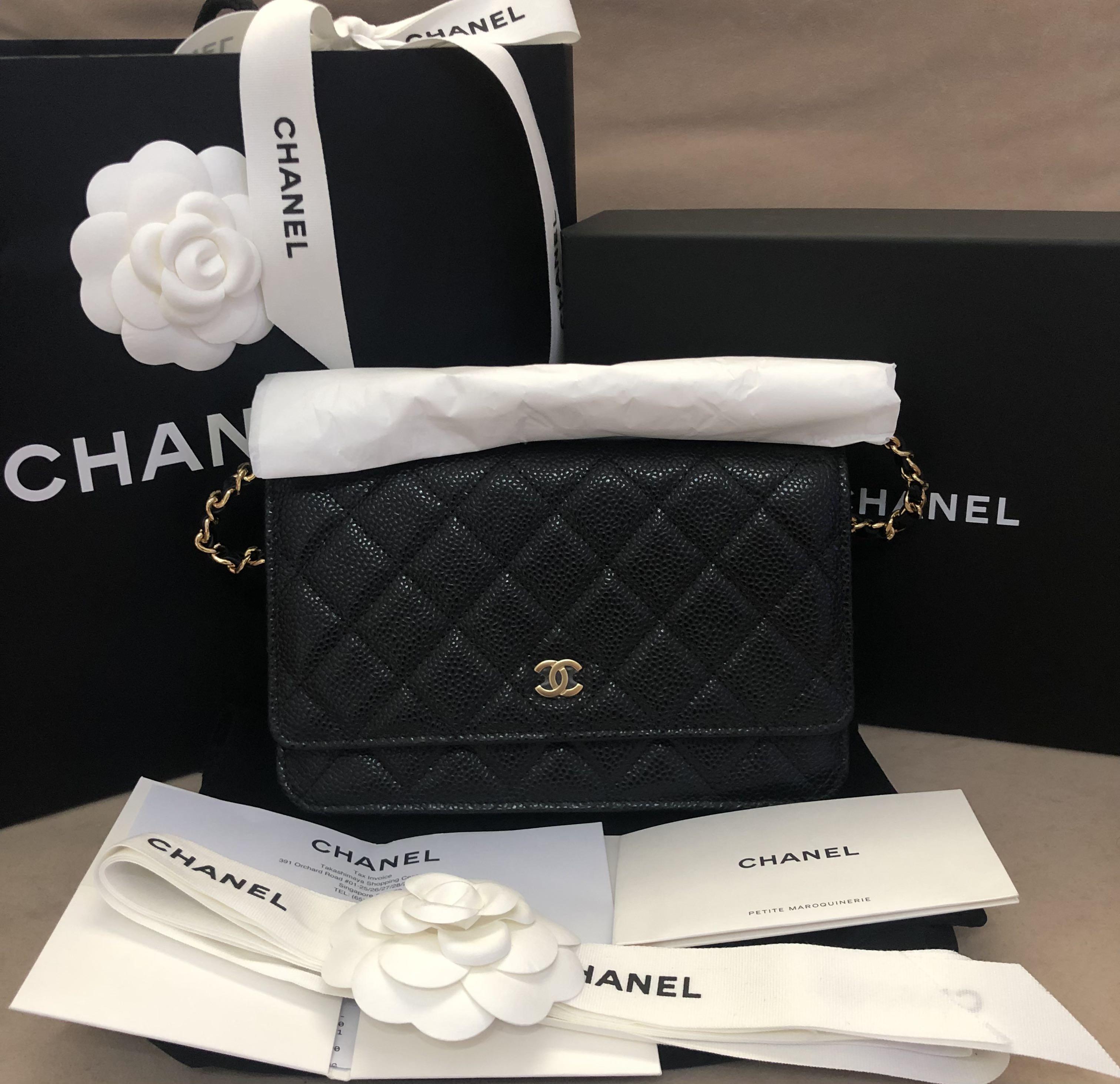 AUTHENTIC CHANEL Caviar WOC Wallet on Chain Gold Hardware 💙 FULL BOX SET