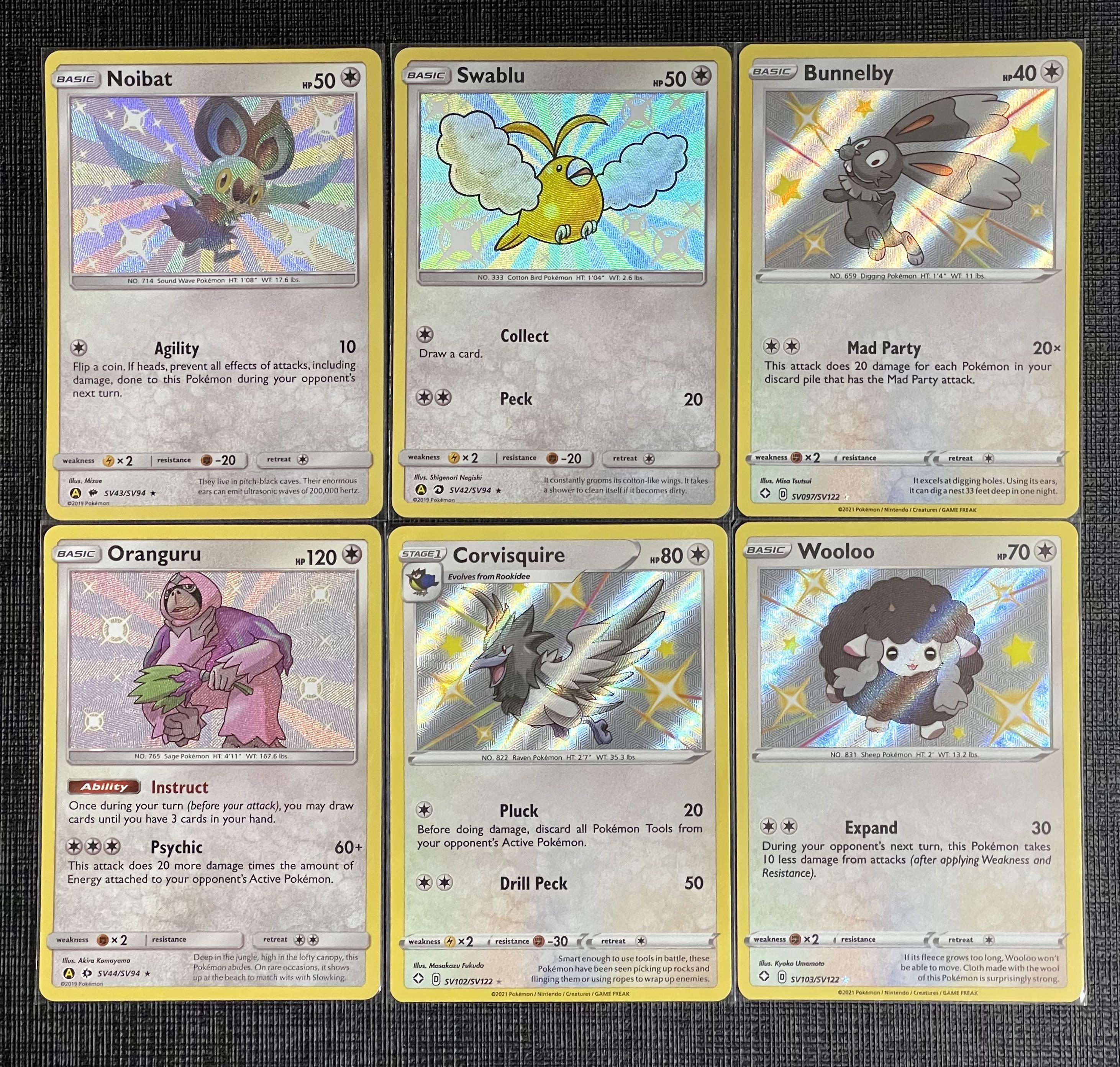 Shiny Noibat SV43/SV94 Swablu SV42/SV94 Bunnelby SV097/SV122 Oranguru  SV44/SV94 Corvisquire SV102/SV122 Wooloo SV103/SV122 pokemon tcg cards  vaults hidden shining fates fate trading card game, Hobbies & Toys, Toys &  Games on Carousell