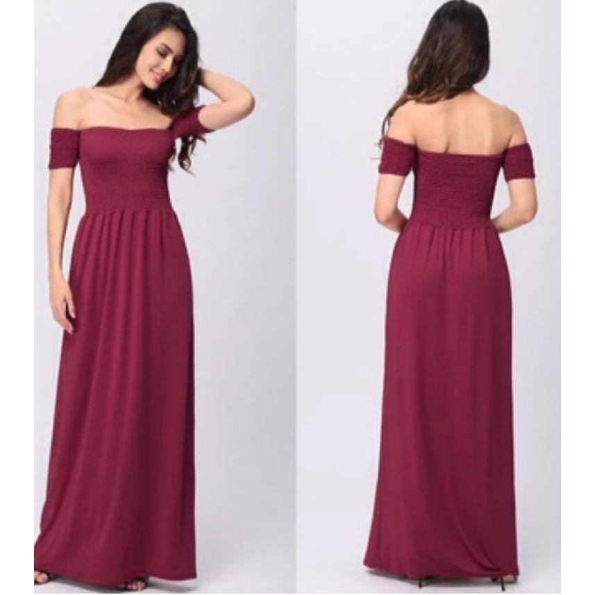 Off-shoulder Maxi Dress in Maroon (Category: Dresses) located in Mandaluyong City. Submitted by sartorialdeclutter (Listing ID 1113363206, Image 1). Description: -Can fit up to XS-M size(free size) body frame -stretchable -cotton -new arrival -high quality.