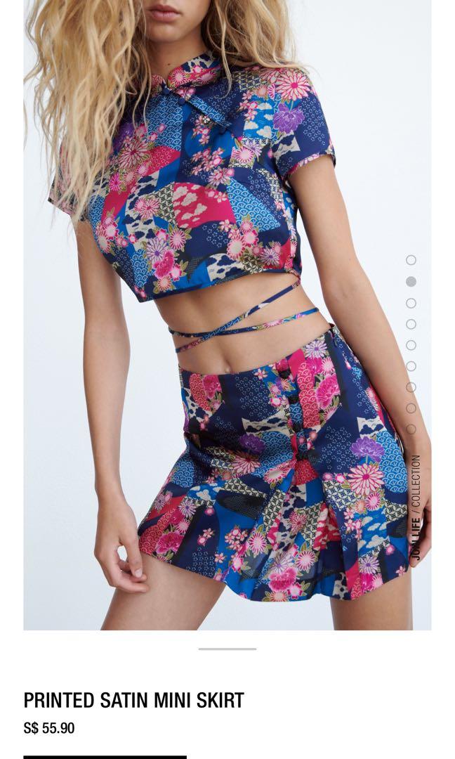 Zara printed satin mini skirt blues 