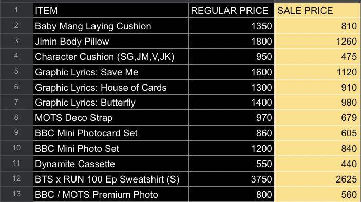 ASSORTED BTS MERCH 30-50% SALE OFF (Category: K-Wave Merchandise) located in Mandaue City. Submitted by bubbiese (Listing ID 1113703303, Image 3). Description: Hi, I am in a very dire need of funds so I decided to put on sale old onhand stocks! Everything is still SEALED, and good as BRANDNEW. You may dm me for close up shots and detailed pictures for any of the items posted. Please check third photo for the pricelist!!! PAYO ONLY!!! @bubbiese #b
