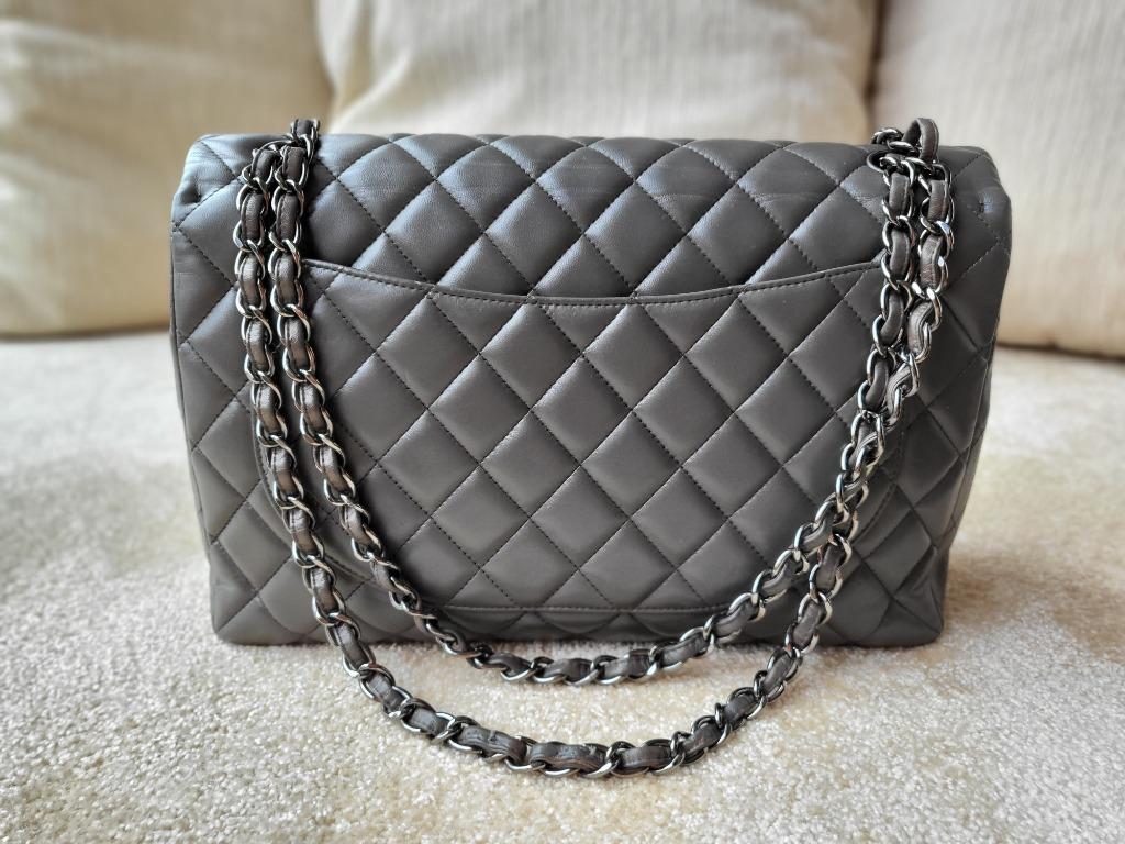 Authentic CHANEL GREY QUILTED LAMBSKIN LEATHER MAXI CLASSIC SINGLE