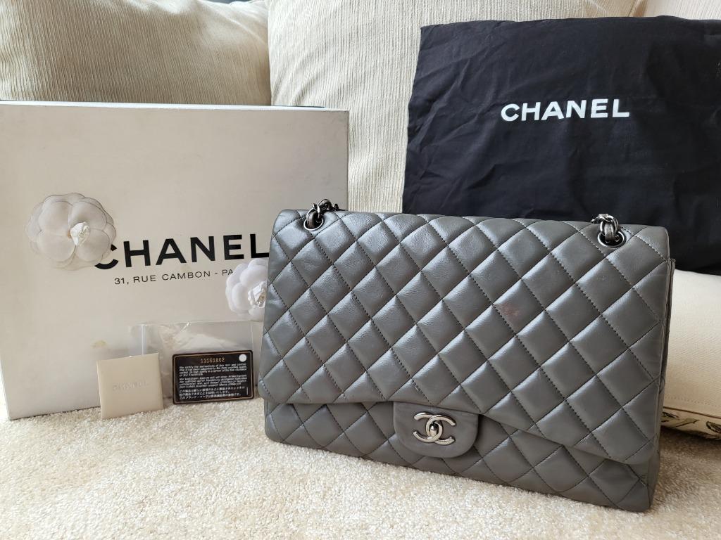 Authentic CHANEL GREY QUILTED LAMBSKIN LEATHER MAXI CLASSIC SINGLE FLAP BAG