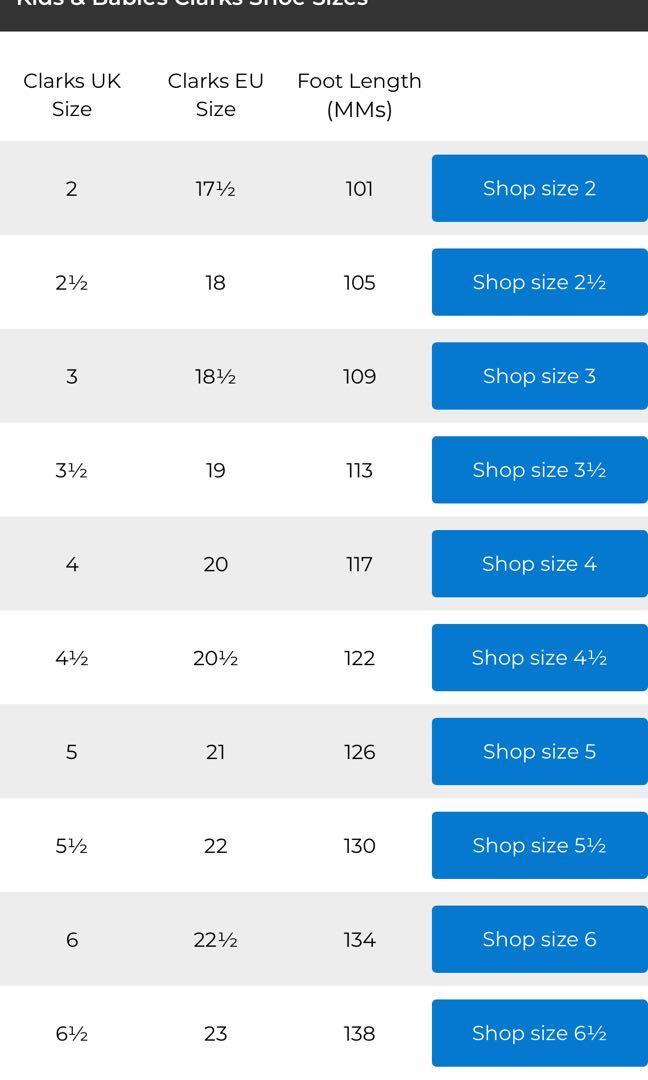 Clarks foot sales size chart