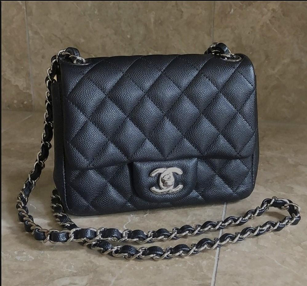 LIKE NEW Chanel Mini Square in Black Caviar & SHW, Luxury, Bags